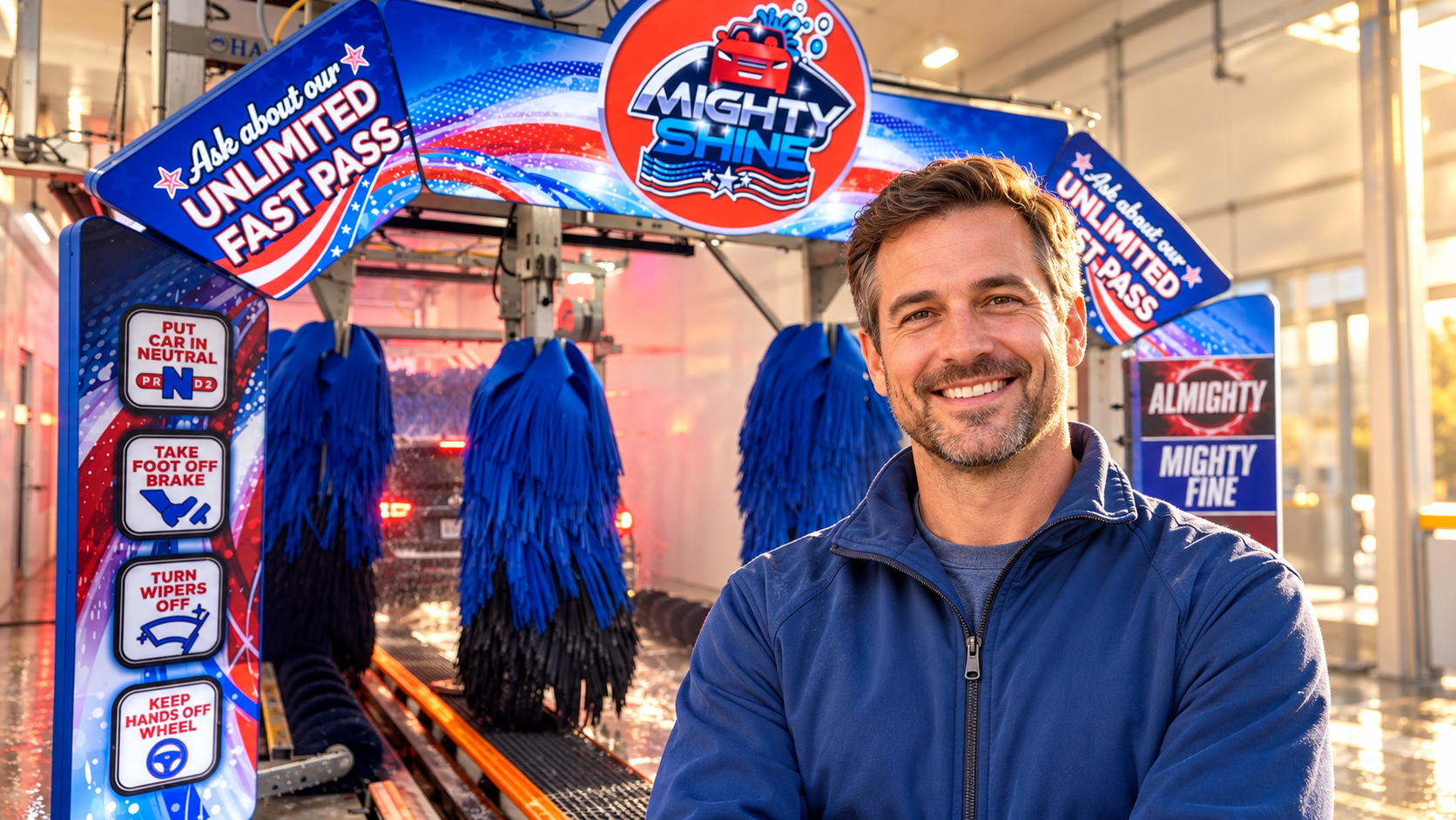 Smiling man at the Mighty Shine wash entrance; AI-composited scene