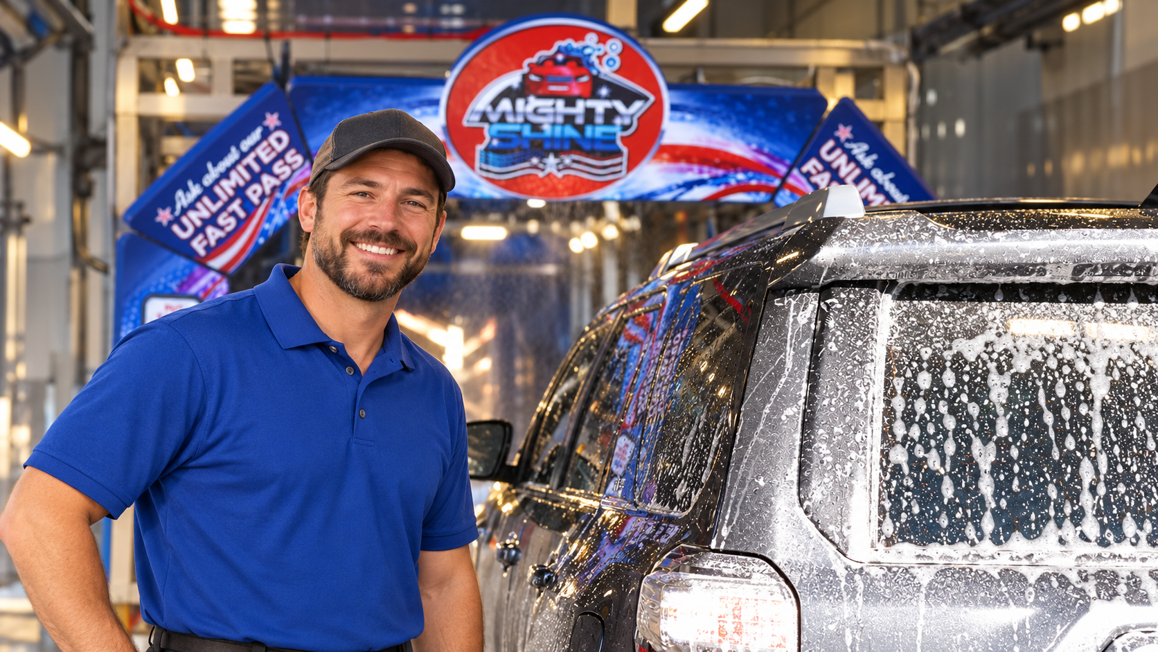 Smiling man beside a soapy SUV at Mighty Shine; AI-composited scene